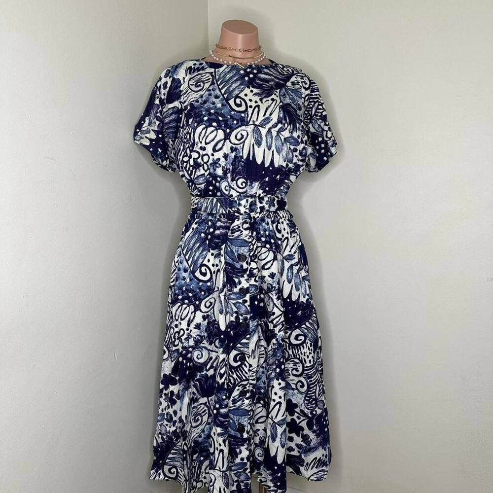 80s Floral Cottage Maximalist Vintage Midi Dress Womens Size 14 Blue